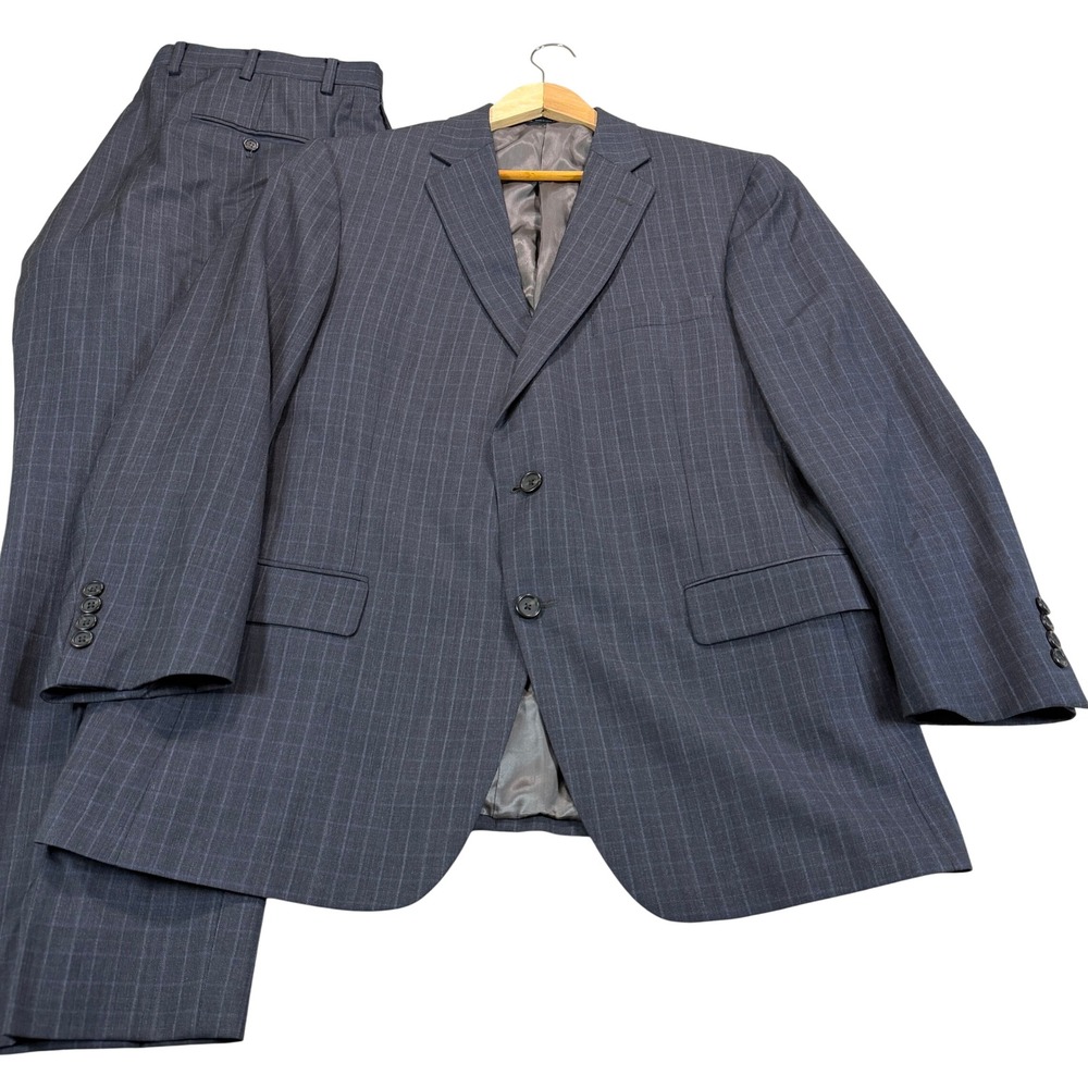 Hart Schaffner Marx Mens 46S Navy Blue Windowpane Plaid Wool 2-Piece Suit 40x27
